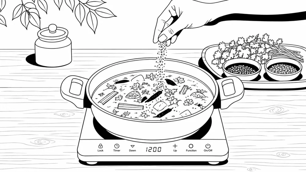 Line-art board, salt falling into the pot from overhead
