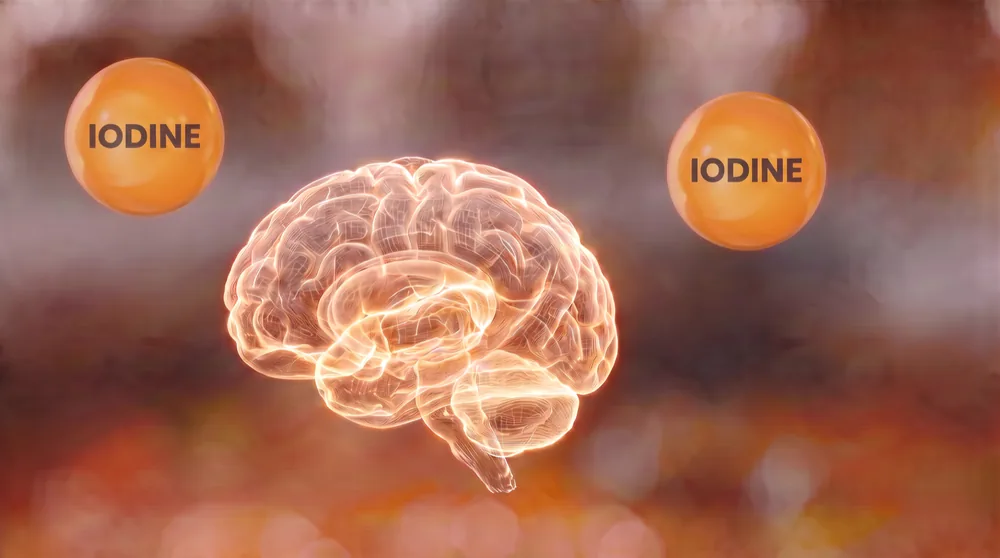 End card, a brain between two iodine marks