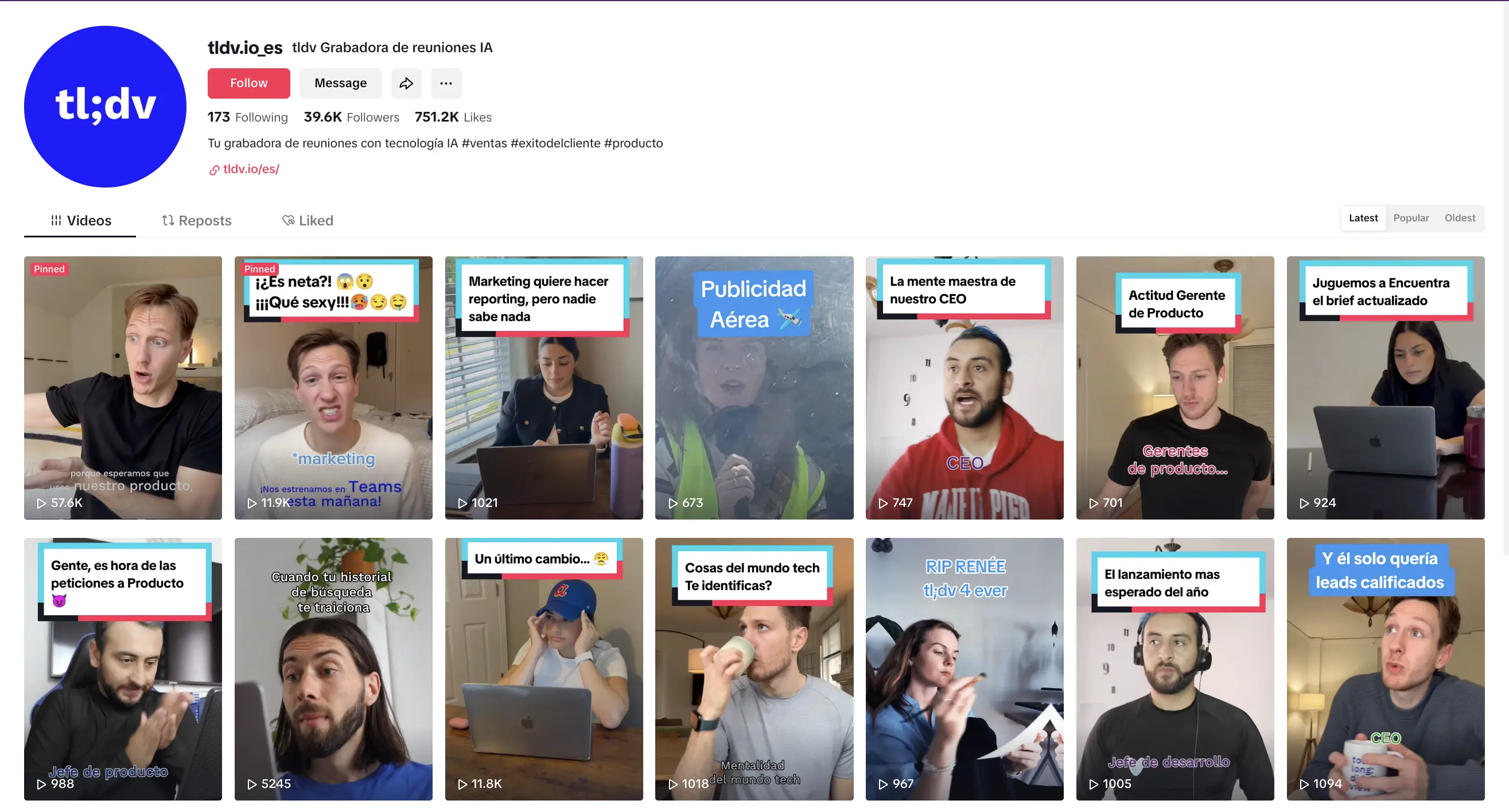 tl;dv Spanish TikTok Performance